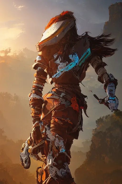 Image similar to combination suit armor aloy horizon forbidden west horizon zero dawn radiating a glowing aura global illumination ray tracing hdr fanart arstation by ian pesty and alena aenami artworks in 4 k tribal robot ninja mask helmet backpack