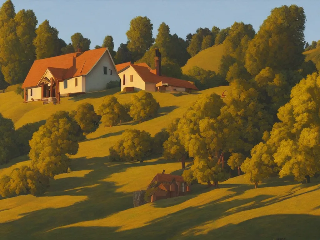 Image similar to a wooden manor on a hill in the countryside, golden hour, summer, painting by kenton nelson