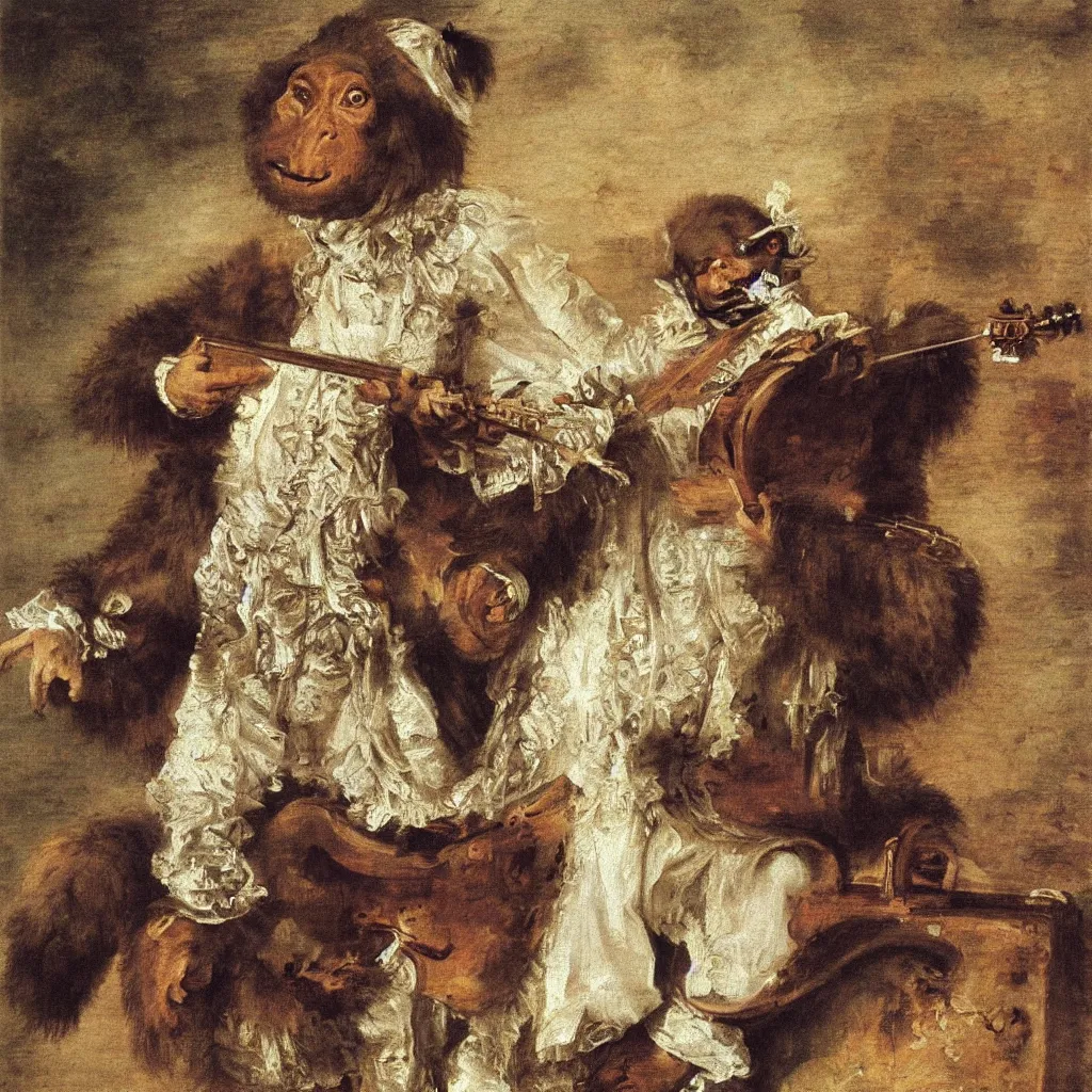 Prompt: oil painting by Watteau of a gorilla in 18th century clothing playing a hurdy-gurdy.