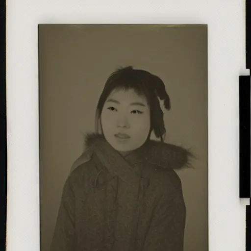 Image similar to polaroid of a young japanese woman on a snowy night