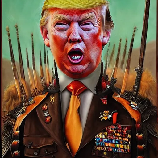 Image similar to trump as a warlord, painting, surreal, bloody