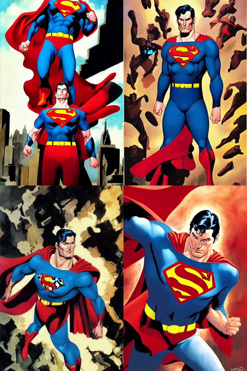 Prompt: full page illustration of superman, by alex ross, phil hale, Francesco goya