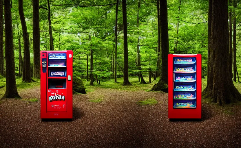 Image similar to photograph of Japanese vending machine in the middle of a forest, one point perspective, 1-point perspective, tilt shift, sigma 85mm f/1.4, 4k, depth of field, high resolution, 4k, 8k, hd, full color