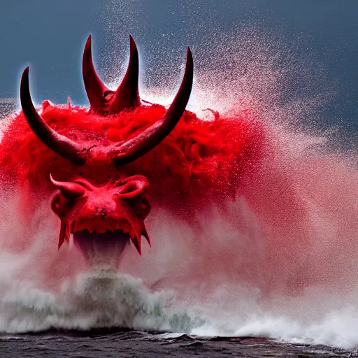 Image similar to a devilish red monster with horns emerging from boiling rough seas, photo by david lachapelle, s - 5 0