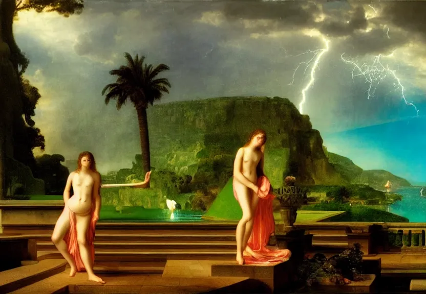Image similar to Girl at the palace, refracted sparkles, thunderstorm, greek pool, beach and Tropical vegetation on the background major arcana sky, by paul delaroche, hyperrealistic 4k uhd, award-winning, very very very detailed