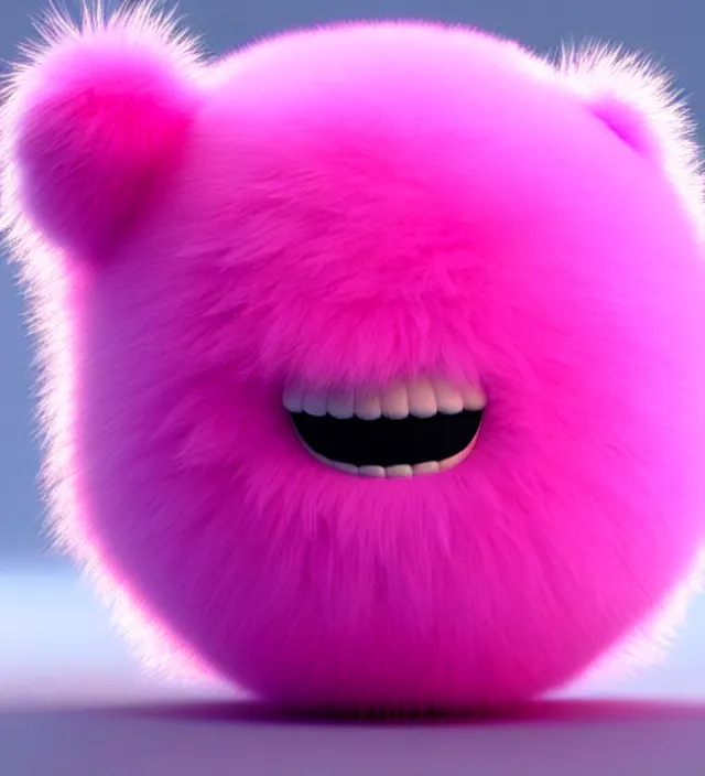 Image similar to high quality 3 d render hyperrealistic very cute big pink little spherical creature, plush mascot, short spiky dense fluffy smooth hair, isometric 3 d, pink fluffy fur, 1 5 0 mm, beautiful natural soft light, rim light, smooth background, artstation, ultra detailed, elegant, ultra detailed, metallic armor, octane render