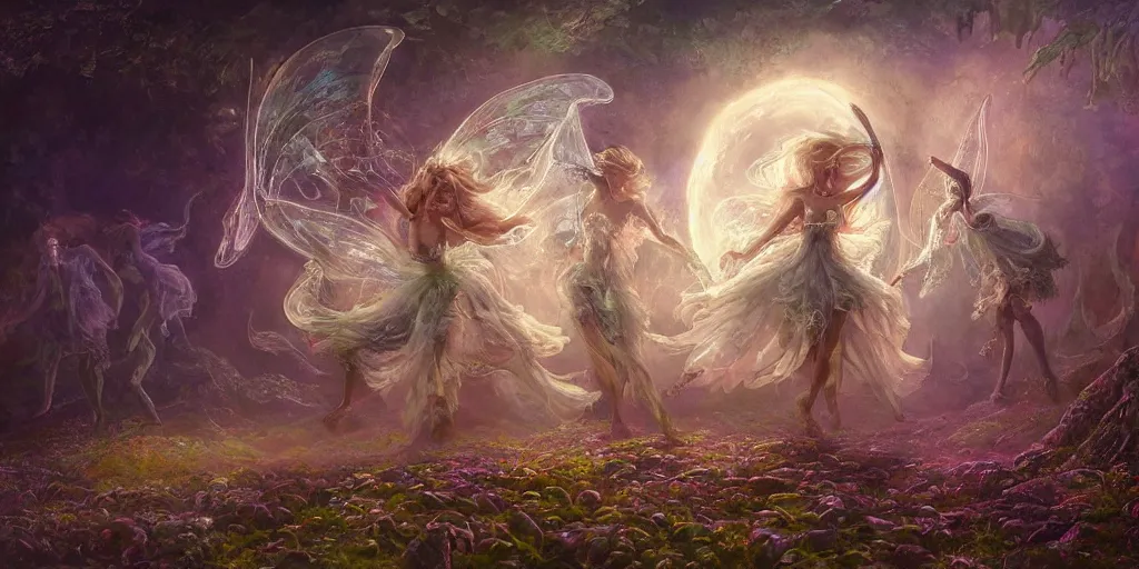 Prompt: concept art of translucent glowing fairies dancing, lovecraftian, renaissance, melting, round moon, rich clouds, fighting the horrors of the unknown, very detailed, volumetric light, mist, fine art, decaying, textured oil over canvas, epic fantasy art, very colorful, ornate intricate scales