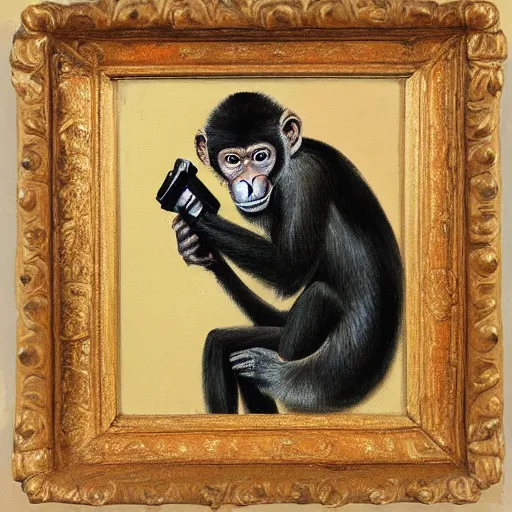 Image similar to Portrait of a monkey holding a camera, oil painting