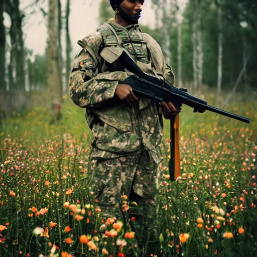 Image similar to close up kodak portra 4 0 0 photograph of a soldier in a flower crowd with ak - 4 7 in which the flowers after the battle standing in dark forest, flower crown, moody lighting, telephoto, blurry background, faded