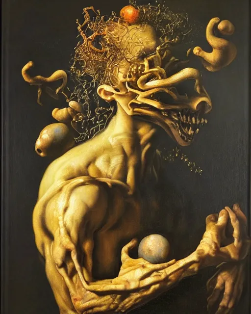 Image similar to refined gorgeous masterwork oil painting with black background by christian rex van minnen rachel ruysch dali todd schorr of a chiaroscuro portrait of an extremely bizarre disturbing mutated man with shiny skin acne dutch golden age vanitas intense chiaroscuro cast shadows obscuring features dramatic lighting perfect composition masterpiece