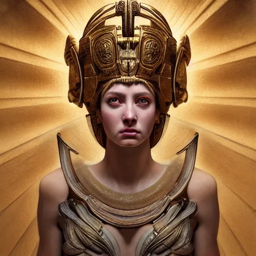Image similar to hyperrealistic mixed media painting of beautiful goddess Athena, stunning 3d render inspired art by P. Craig Russell and Barry Windsor-Smith, perfect facial symmetry, dim volumetric lighting, 8k octane beautifully detailed render, post-processing, portrait, extremely hyper-detailed, intricate, epic composition, brown eyes, highly detailed eyes, realistic eyes, cinematic lighting, masterpiece, trending on artstation, very very detailed, masterpiece, stunning