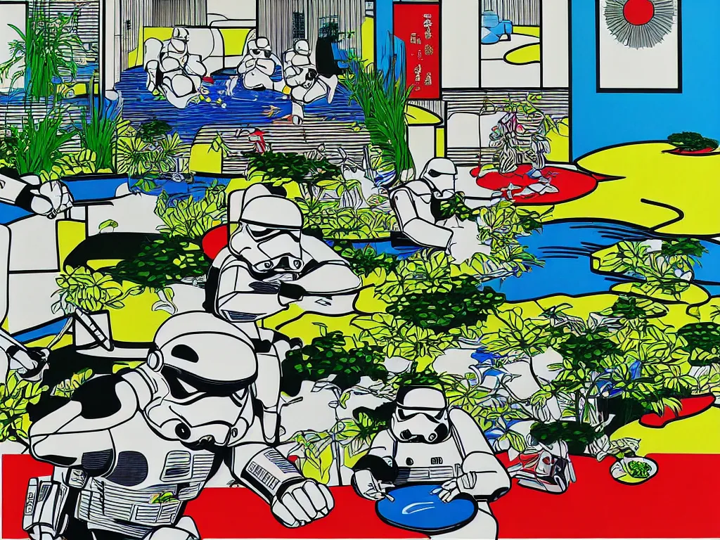 Image similar to hyperrealistic composition of the japanese home with a garden and a pond, 2 stormtroopers sitting around it, pop - art style, jacky tsai style, andy warhol style, roy lichtenstein style, rich palette, acrylic on canvas