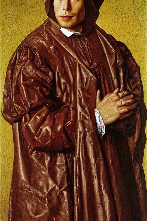 Image similar to portrait of elon musk, oil painting by jan van eyck, northern renaissance art, oil on canvas, wet - on - wet technique, realistic, expressive emotions, intricate textures, illusionistic detail