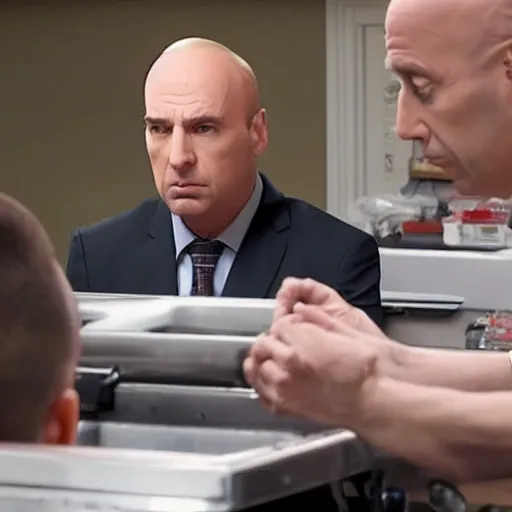 Prompt: Still from Better Call Saul where Saul Goodman is bald.