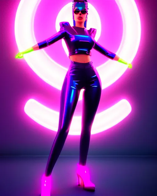 Prompt: ultra realistic photo of a cyber neon queen, retro futurism, full body pose, thick fancy eyeliner, hyper photorealistic, fashion photography, digital photography, trending on artstation, cinematic, 4 k ultra hd, art by pascal blanche, art by greg rutkowski