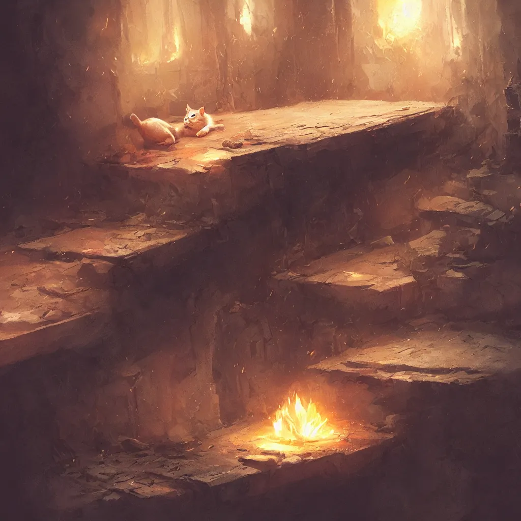 Image similar to cat laying on bed in under ground base, concept art, by greg rutkowski, fire