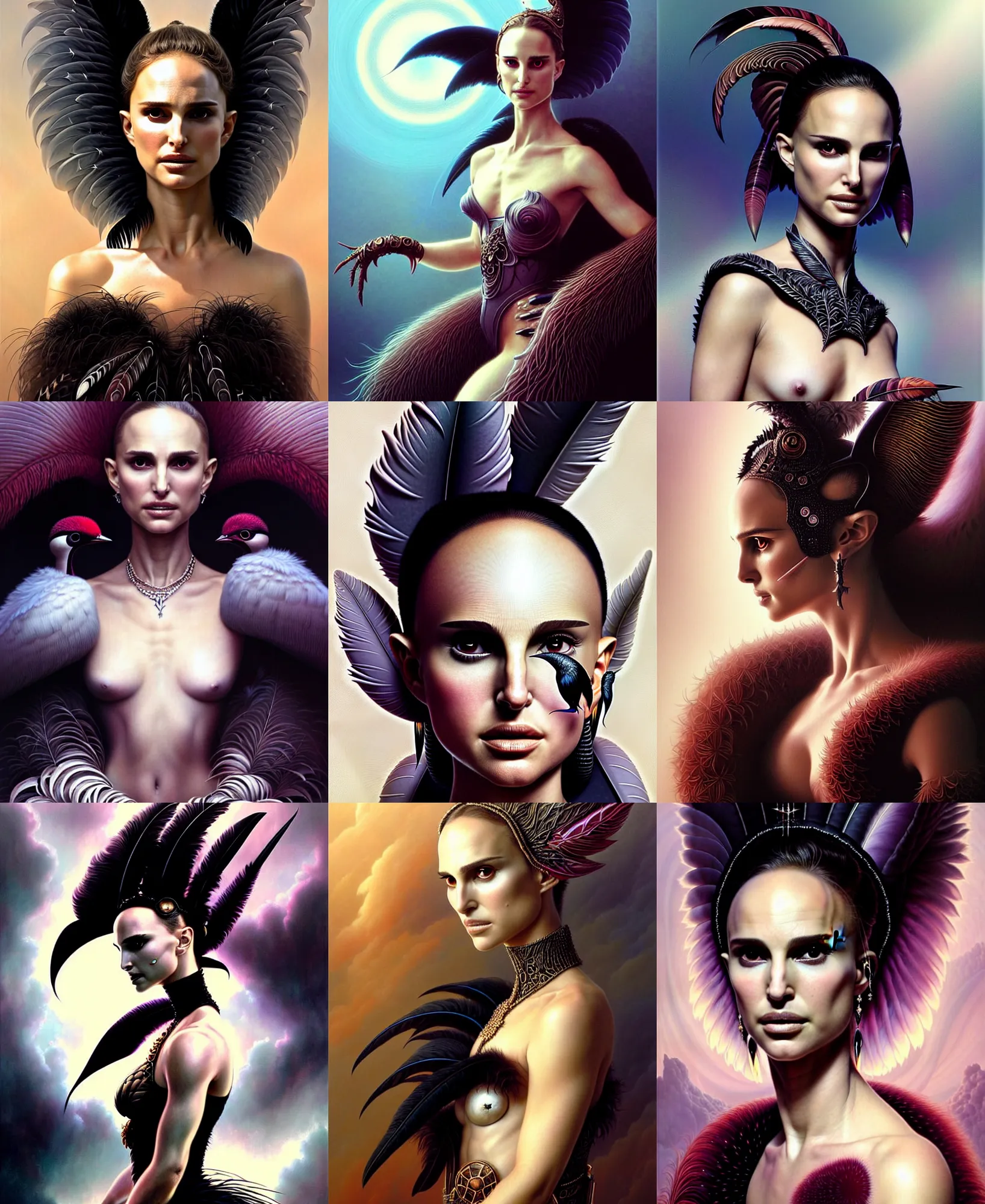 Prompt: beautiful fantasy character portrait, natalie portman, black swan, feathers, ultra realistic, wide angle, intricate details, the fifth element artifacts, highly detailed by peter mohrbacher, boris vallejo, hajime sorayama, wayne barlowe, paolo eleuteri serpieri