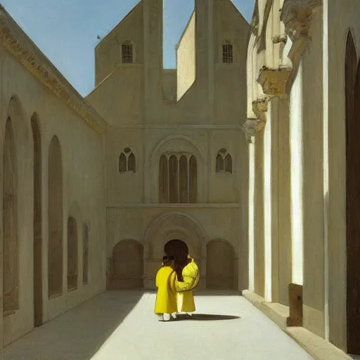 Prompt: in the distance, a little girl with short black hair and wearing a yellow coat alone in the inner courtyard of an abbey, the light is bright and wintry, painting by hopper and de chirico