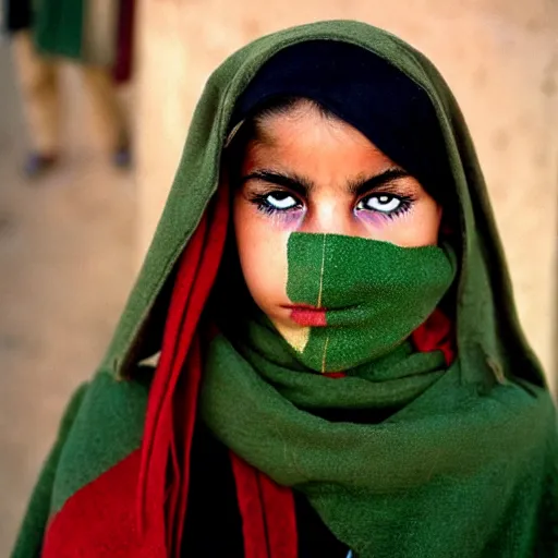 Image similar to portrait of american bulldog as afghan girl, green eyes and red scarf looking intently, photograph by steve mccurry