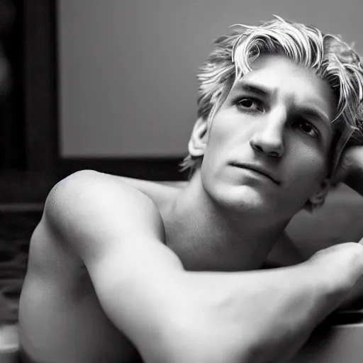 Prompt: photographic portrait by Annie Leibovitz of XQC in a hot tub, closeup, foggy, sepia, moody, dream-like, sigma 85mm f/1.4, 15mm, 35mm, 4k, high resolution, 4k, 8k, hd, full color