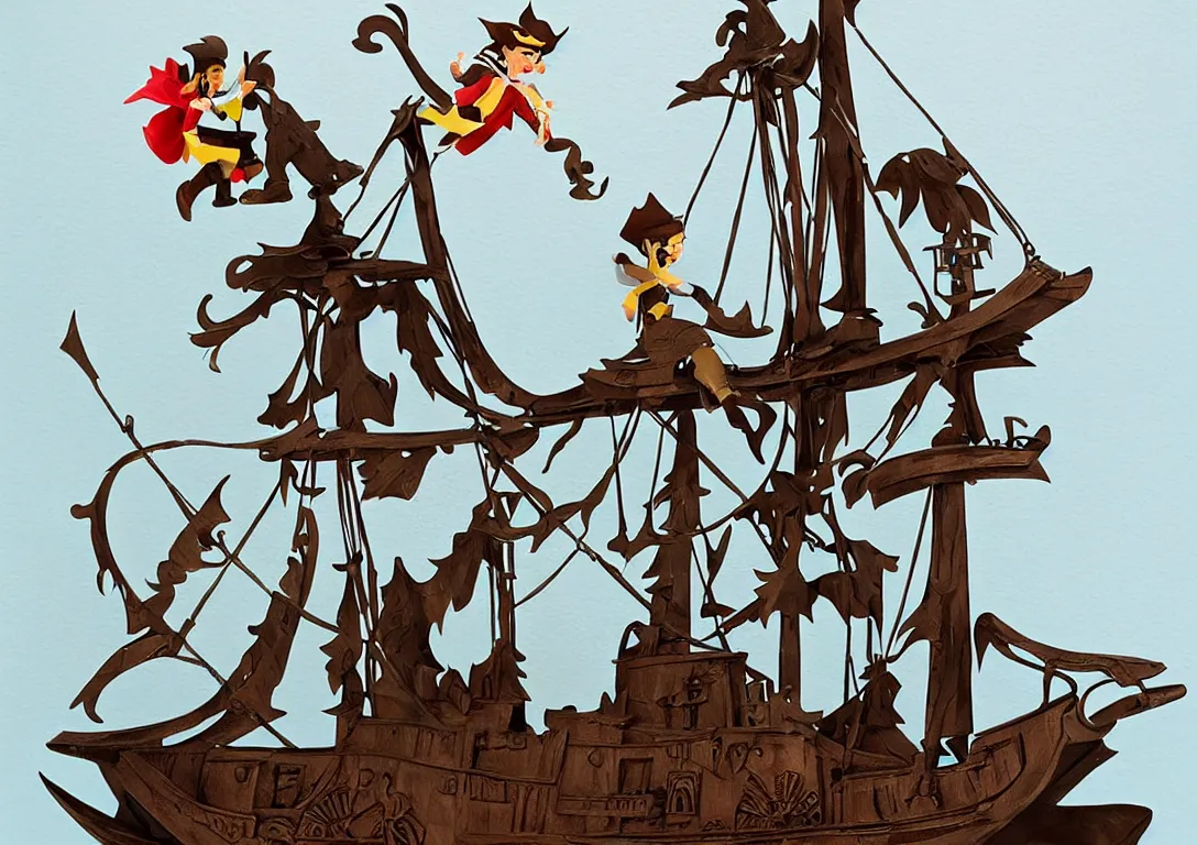 Image similar to a stylized cut paper sculpture of peter pan and captain hook on a pirate ship