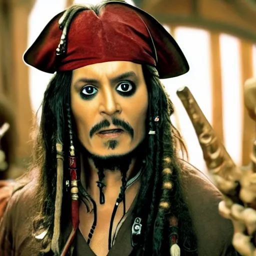 Prompt: Tommy Wiseau as Captain Jack Sparrow, film still from Pirates of the Caribbean, detailed, 4k