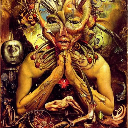 Prompt: an oil painting by arcimboldo, by georgia o keeffe, by botticelli, by giger, by frank frazetta, by gustave moreau, by beksinski, seen through a kaleidoscope, broke mirror, contemporary, brutal, vanity, broken, nerve system, medical, jewels, nebula, space, tonalism, merged, akira