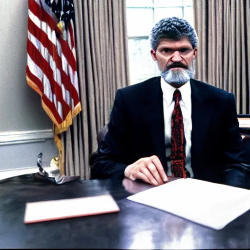 Image similar to a photograph of President ted kaczynski wearing a suit in the oval office