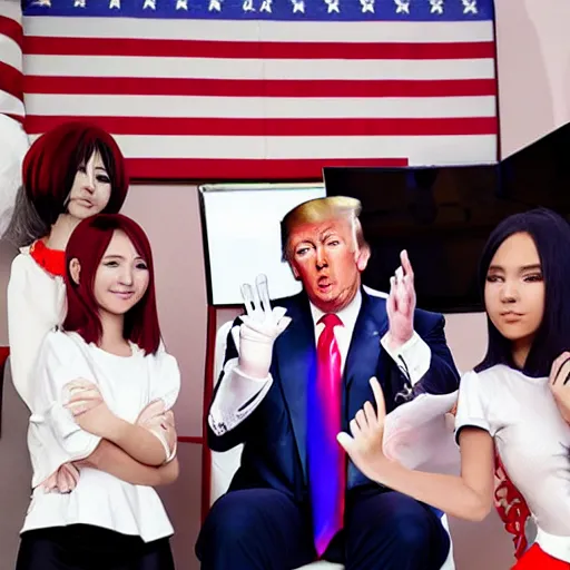 Image similar to donald trump talks to anime girls, professional photo