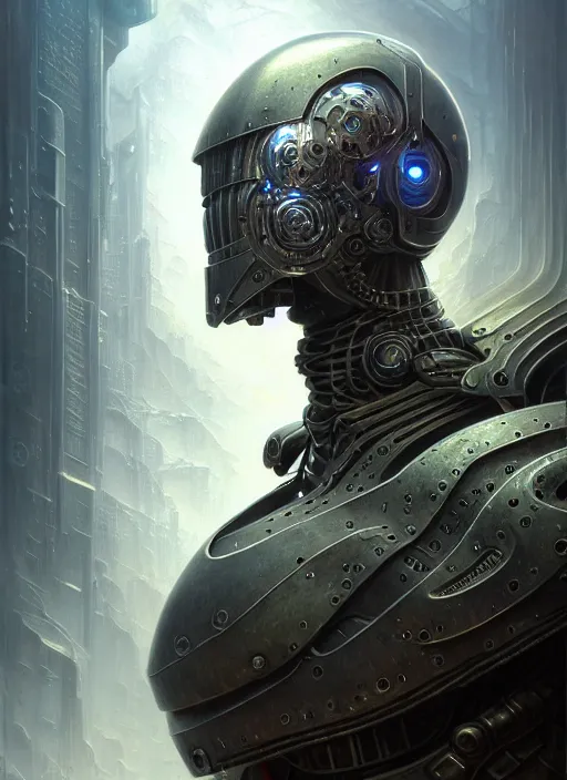 Image similar to closeup portrait shot of a cyber knight in a scenic dystopian environment, intricate, elegant, highly detailed, centered, digital painting, artstation, concept art, smooth, sharp focus, illustration, artgerm, tomasz alen kopera, peter mohrbacher, donato giancola, joseph christian leyendecker, wlop, boris vallejo