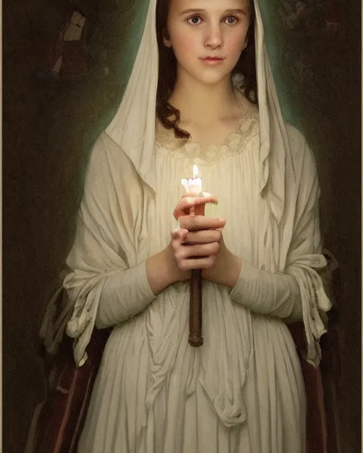 Image similar to a shadowy portrait painting of a shy, blushing 1 6 - year old alicia vikander or millie bobby brown as santa lucia with a crown of candles, lit only by candlelight in the darkness, intricate, elegant, highly detailed, artstation, concept art, by krenz cushart and donato giancola and william adolph bouguereau and alphonse mucha