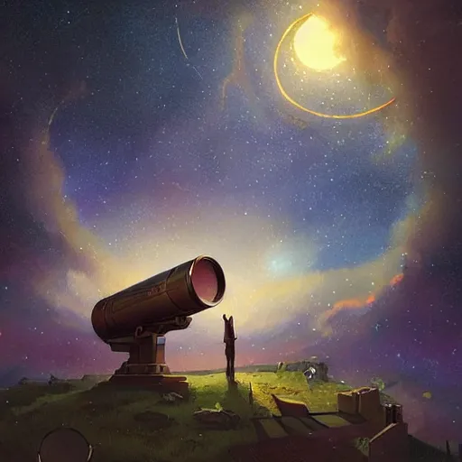 Prompt: modern binocular telescope looking at the starry sky, hearthstone coloring style, artwork by greg rutkowski, epic fantasy style art, fantasy epic digital art