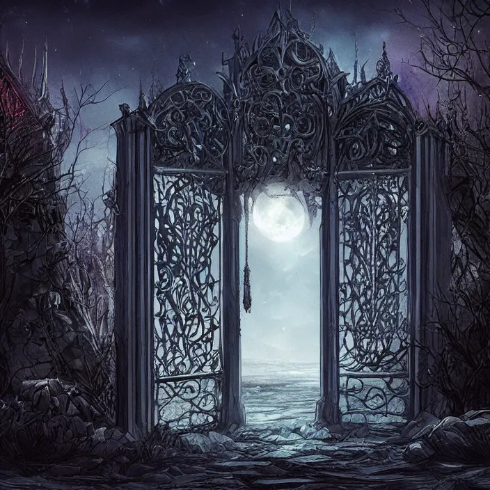 Prompt: ominous mysterious dark etherial gate to the midnight void, midnight lighting, quiet and serene atmosphere, deviantart, official art, concept art, intricate high detail masterpiece