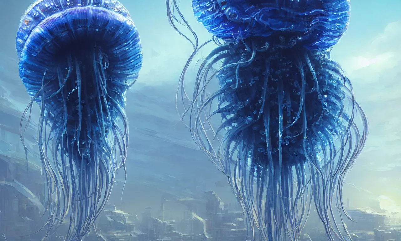 Image similar to Panorama hyper detailed painting of a cyberpunk jellyfish, blue tones, underwater, 8 mm, highly detailed, digital painting, artstation, concept art, smooth, sharp focus, illustration, art by artgerm and greg rutkowski and alphonse mucha