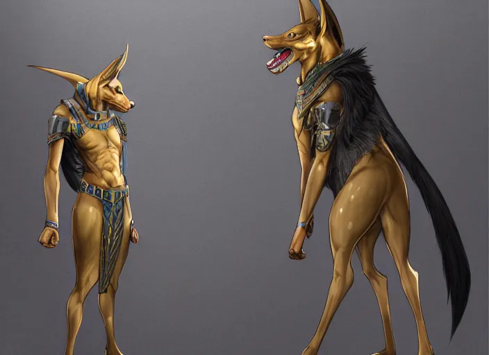 Image similar to award winning concept art fullbody egyptian wolf anubis character design of a egyptian anubis monster wolf. egyptian wolf deviantart adoptable, deviantart species style of maple story and rossdraws, artgerm, studio lighting by jessica rossier and brian froud, traditional, artstationhd artstation, disney, hq textures