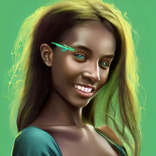 Image similar to a green haired teenager, blue eyes, brown skin, cheeky smile, deep focus, elegant, digital painting, smooth, sharp focus, golden ratio, illustration, ultra realistic, 8 k, art by artgerm and caravaggio