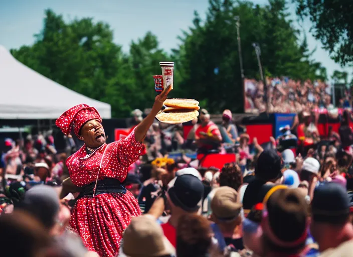 Image similar to photo still of aunt jemima in period attire at vans warped tour!!!!!!!! at age 4 0 years old 4 0 years of age!!!!!!! on stage throwing pancakes to the crowd, 8 k, 8 5 mm f 1. 8, studio lighting, rim light, right side key light