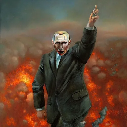 Prompt: vladimir putin, freaked out!!!, gasped for air with open mouth, scared, detailed looking directly to sky, looking up, terrified of explosions nearby, by donato giancola and greg rutkowski and wayne barlow and zdzisław beksinski, realistic face, digital art, air strike, explosion visible nearby