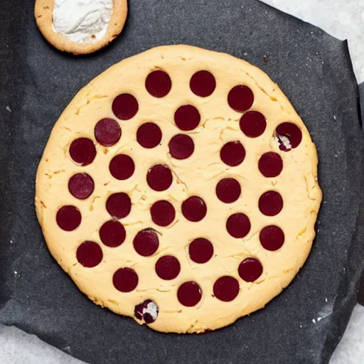 Prompt: a cookie cake that has pepperoni on it