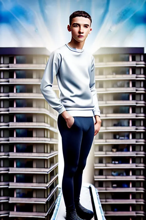 Image similar to un ultra high definition studio quality photographic art portrait of a young man standing on the rooftop of a british apartment building wearing soft padded silver pearlescent clothing. three point light. extremely detailed. golden ratio, ray tracing, volumetric light, shallow depth of field. set dressed.