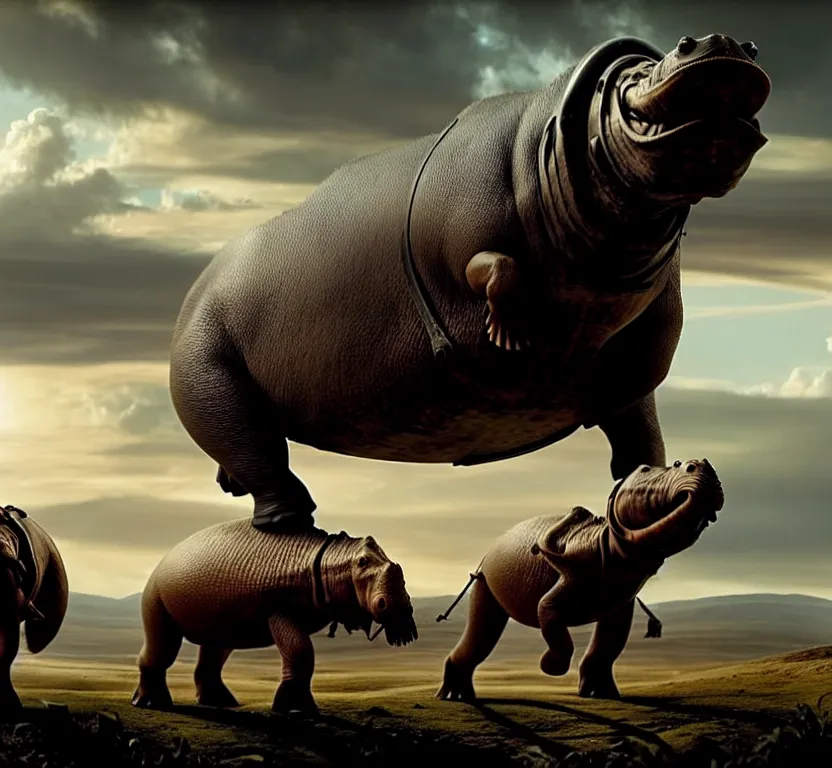 Image similar to sharp, highly detailed, film from a 2 0 1 9 sci fi 8 k movie, set in 1 8 6 0, a family riding on the back of small alien hippos, across an alien landscape, wearing 1 8 6 0 s clothes, atmospheric lighting, in focus, reflective eyes, 3 5 mm macro lens, live action, nice composition