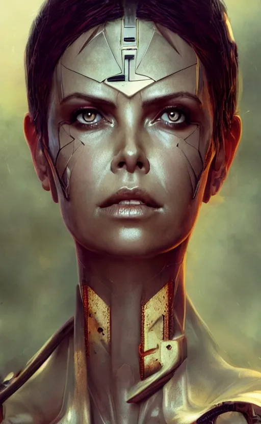 Prompt: a cyborg demon girl, charlize theron, flawless symmetrical pretty cute face, greg rutkowski, 8 k, shallow depth of field, intricate detail, concept art,