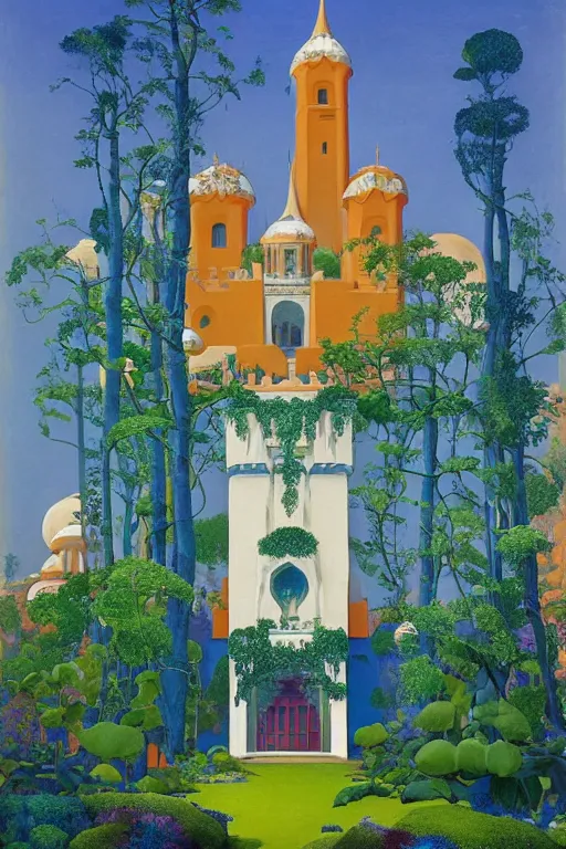 Image similar to view of the mysterious blue tower in its gardens after a storm, tall windows, beautiful moorish ornament, dramatic cinematic lighting, rich colors, by Nicholas Roerich and Sylvain Sarrailh and Ludwig Deutsch and April Gornik