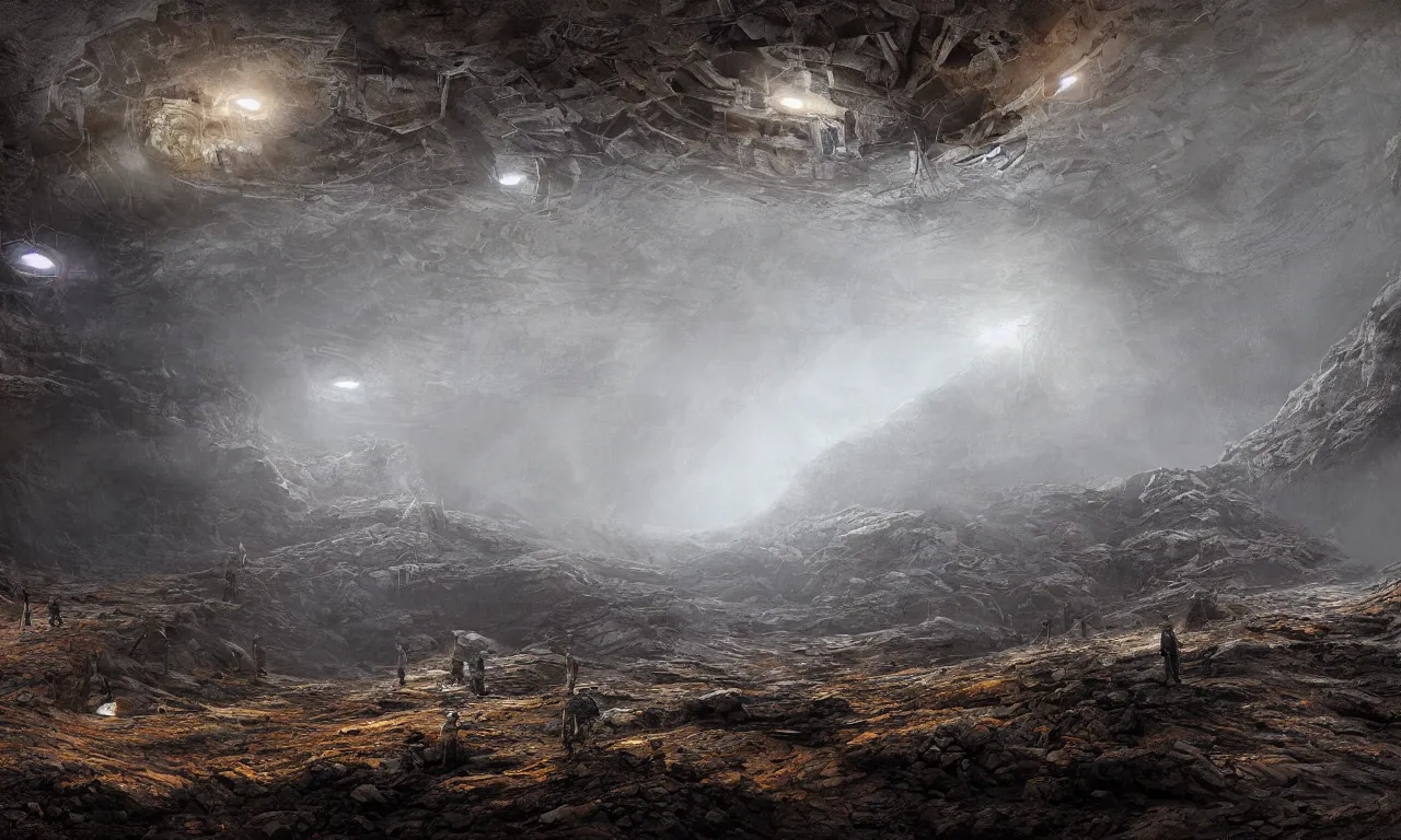 Prompt: Portrait of old mine worker mining core of ancient flying saucer, high detail, ground fog, wet reflective ground, volumetric lights, vivid colors, by Darek Zabrocki, render Unreal Engine