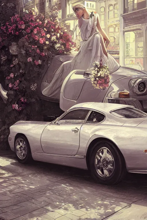 Image similar to ultra realistic illustration, old white vintage car in the new york city with flowers blooming out the window, side view, elegant, highly detailed, digital painting, concept art, smooth, sharp focus, illustration, art by artgerm and greg rutkowski and alphonse mucha