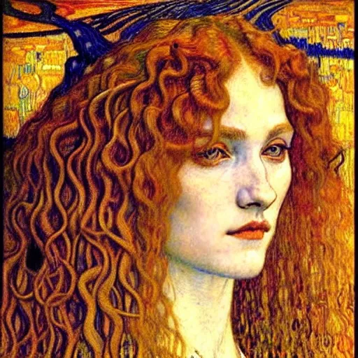Image similar to detailed realistic beautiful young medieval queen face portrait by jean delville, gustav klimt and vincent van gogh, art nouveau, symbolist, visionary, gothic, pre - raphaelite, beautiful muted earthy colors