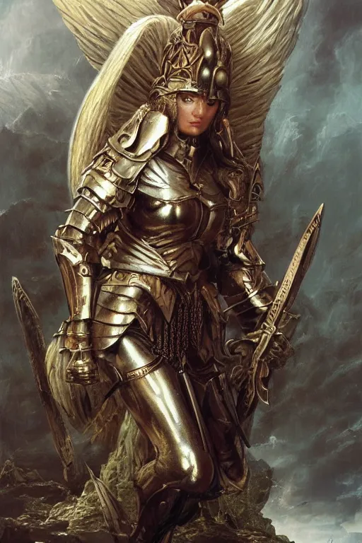 Prompt: a beautiful valkyrie , half body portrait, blond hair, gold chainmail armour, realistic oil painting by Thomas Cole and Wayne Barlowe and Boris Valejo