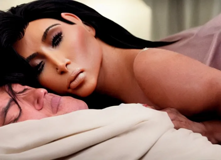 Image similar to film still of kim kardashian being kissed to sleep by joe biden, 8 k