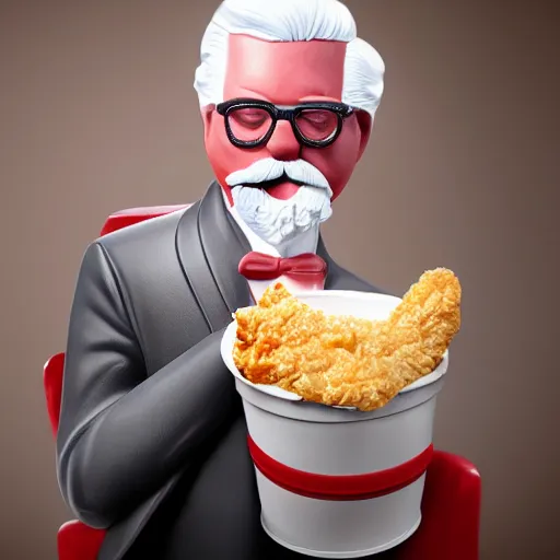 Prompt: Colonel Sanders eating a bucket of KFC, realistic, 8k, detailed