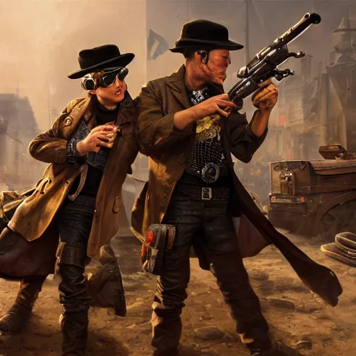 Image similar to oil painting of two hamsters holding guns, berets, medium shot, steampunk clothes, steampunk city background, sharp focus, fantasy style, octane render, volumetric lighting, 8k high definition, by greg rutkowski, highly detailed, trending on art Station, explosions, magic the gathering artwork, centered